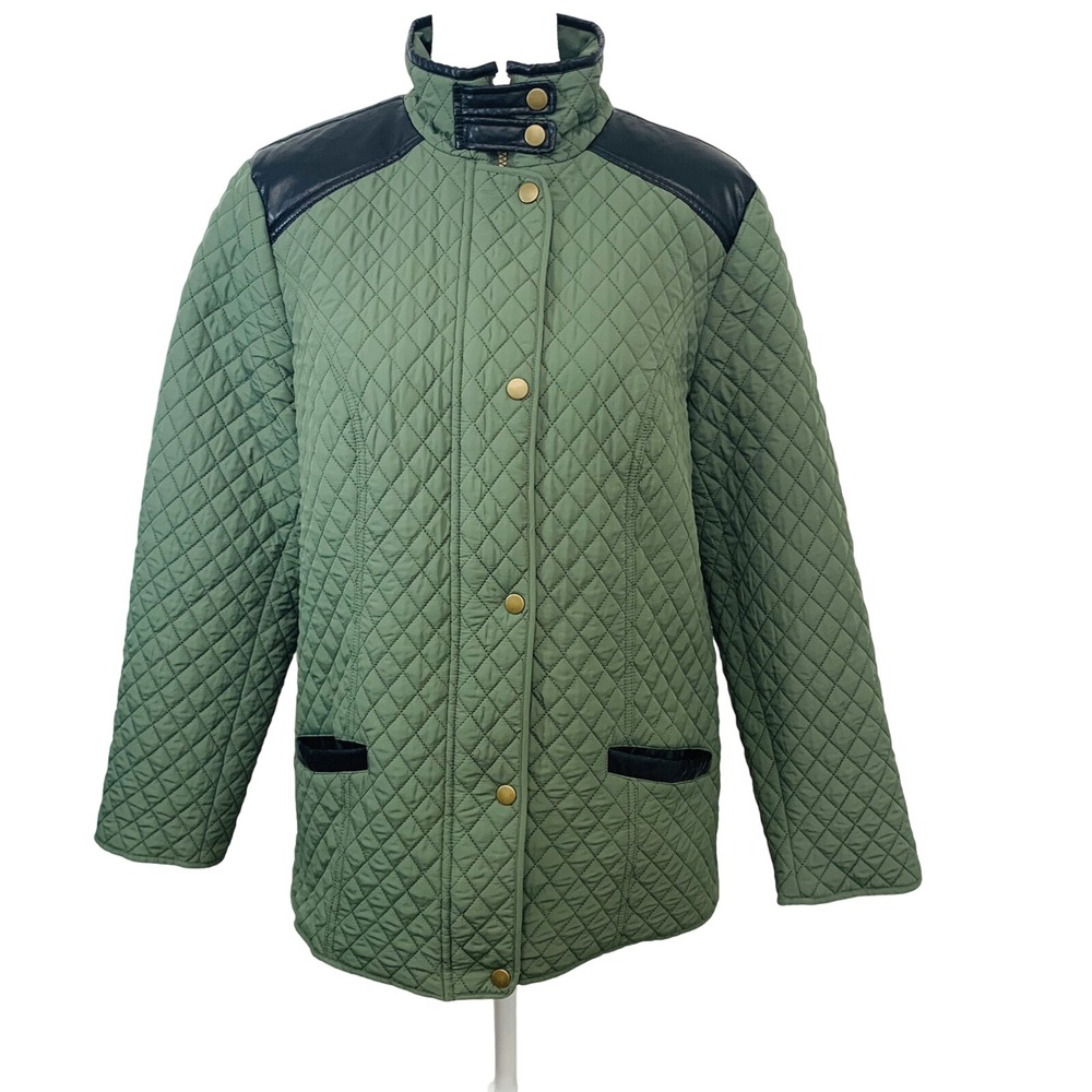 Denim Co Quilted Jacket Woman Large Olive Green Pockets Light Faux Leather Trim‎